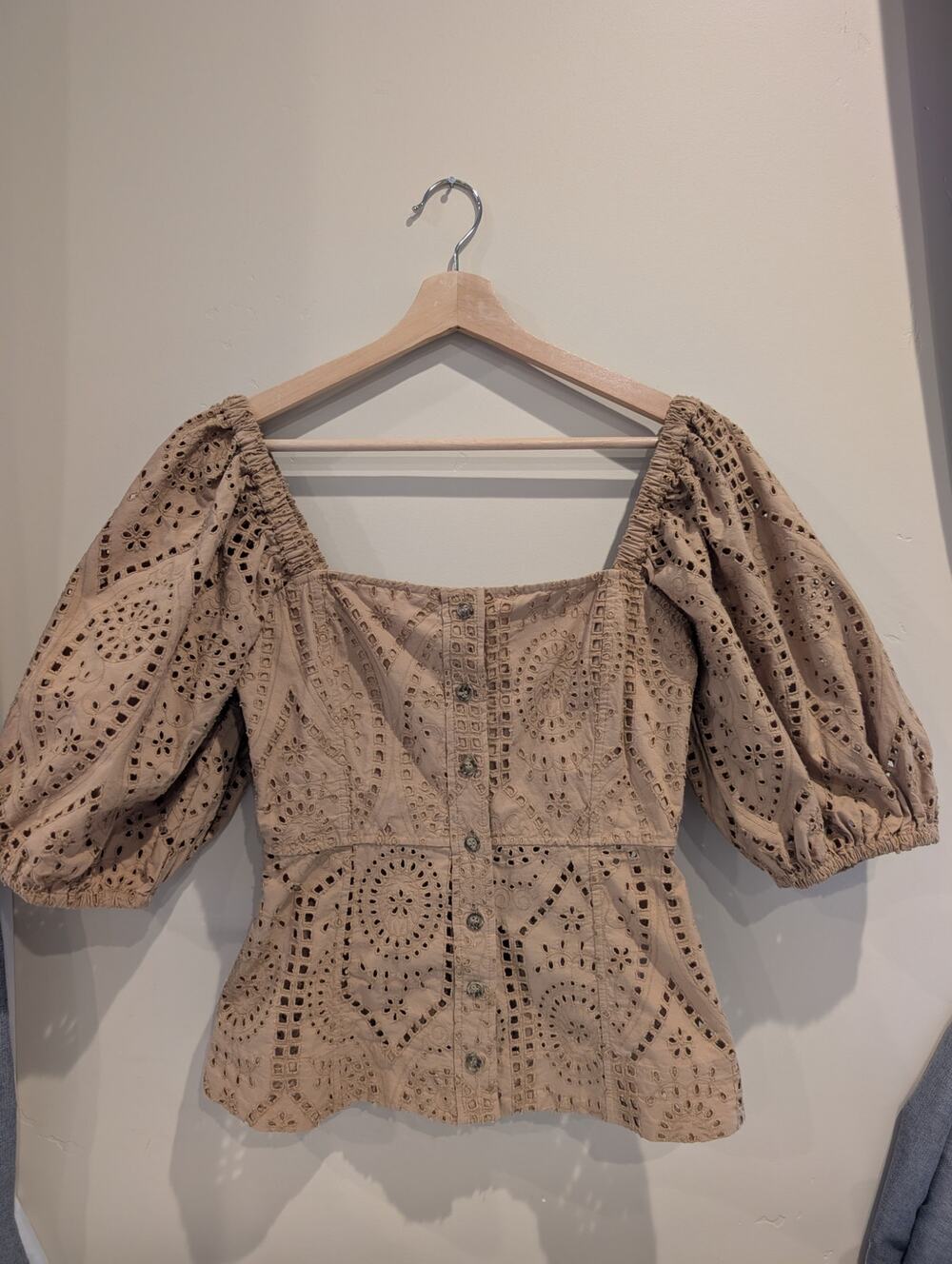 GANNI Romantic Camel Broderie Anglaise Lace Square Neck Peplum Blouse S